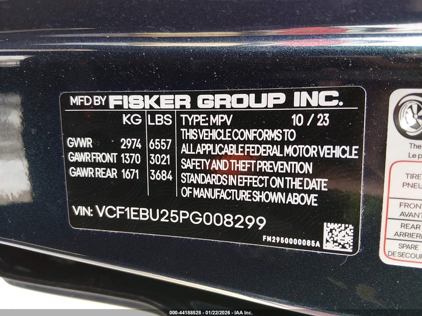 VIN: VCF1EBU25PG008299 2023 FISKER OCEAN EXTREME