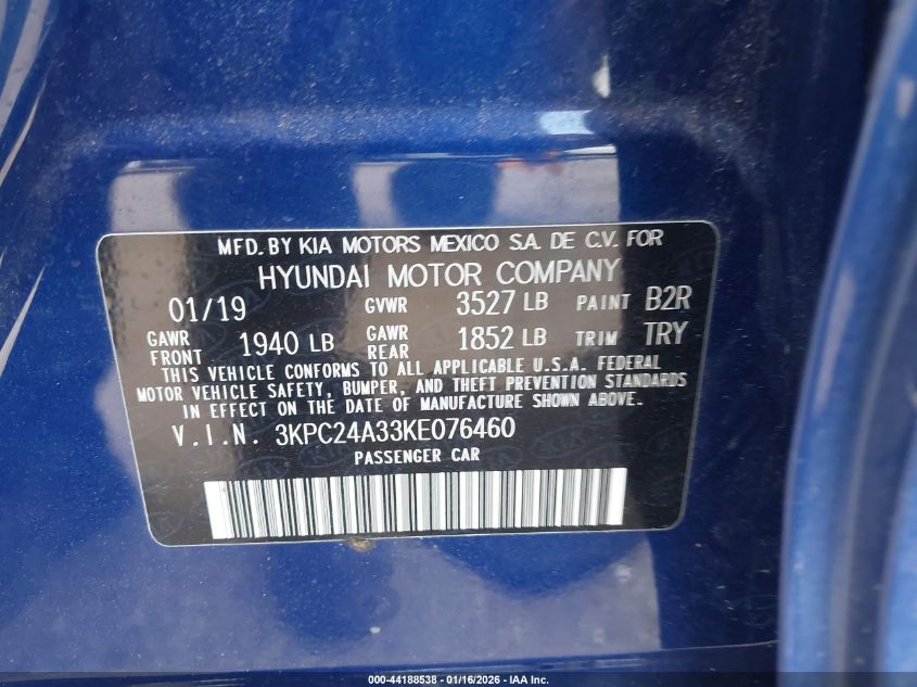 2019 Hyundai Accent Se VIN: 3KPC24A33KE076460 Lot: 44188538