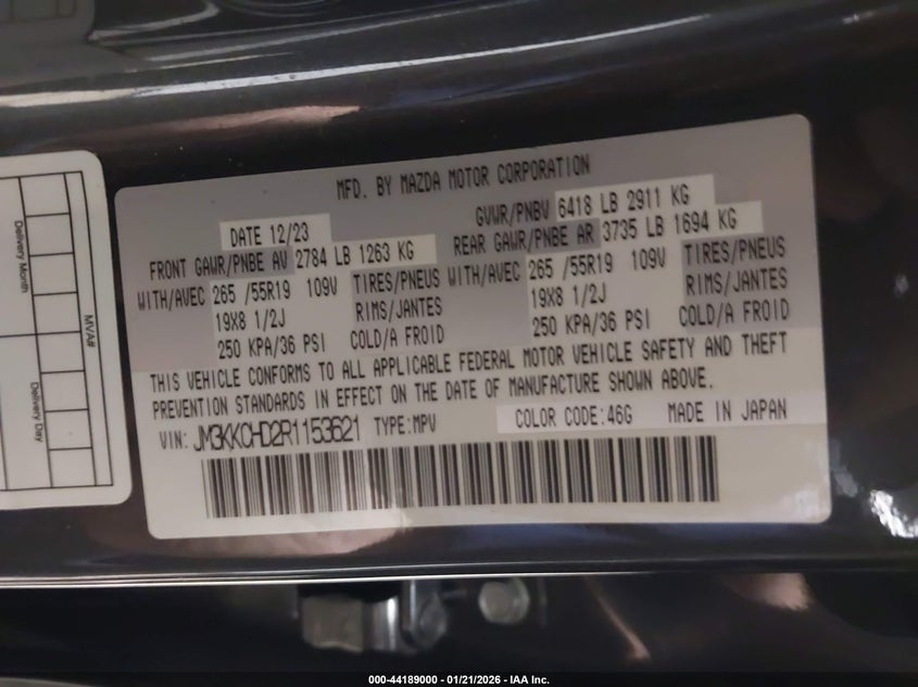 VIN JM3KKCHD2R1153621 2024 MAZDA CX-90 3.3 TURBO PREFERRED PLUS
