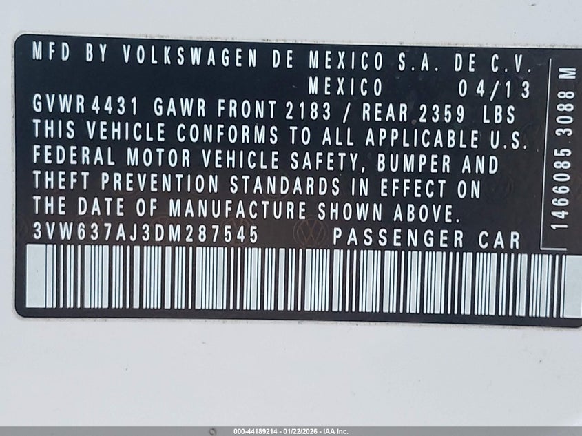 2013 Volkswagen Jetta Hybrid Sel Premium VIN: 3VW637AJ3DM287545 Lot: 44189214
