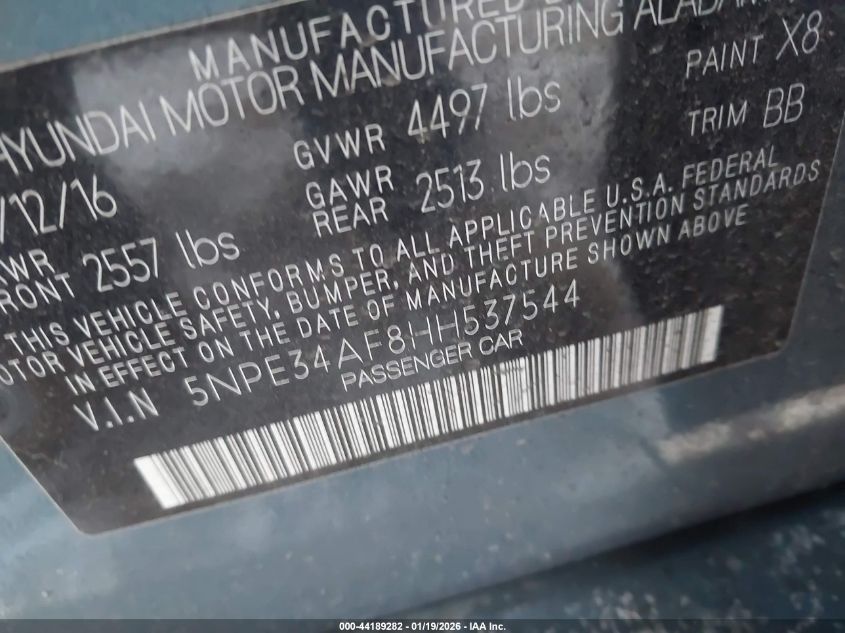 2017 Hyundai Sonata Sport VIN: 5NPE34AF8HH537544 Lot: 44189282