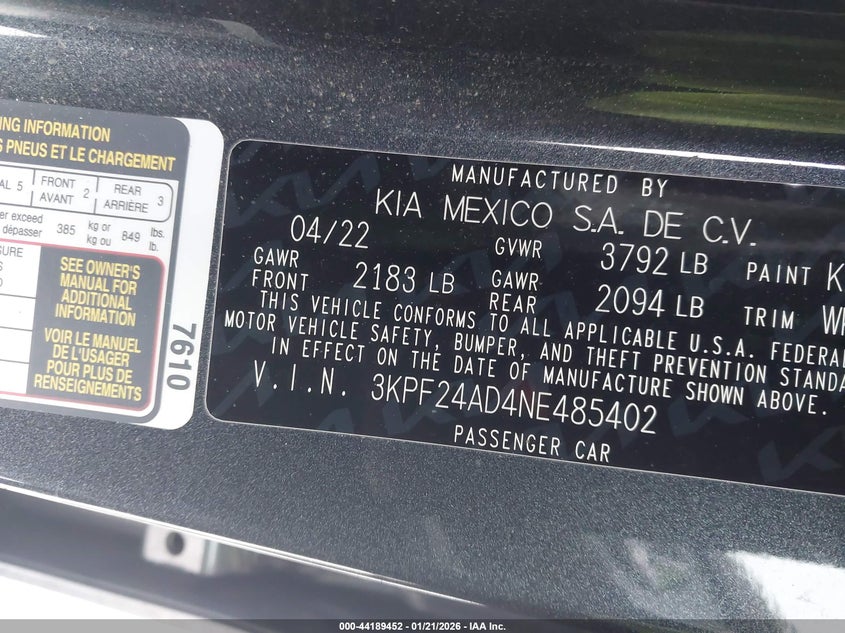 VIN 3KPF24AD4NE485402 2022 KIA FORTE LXS