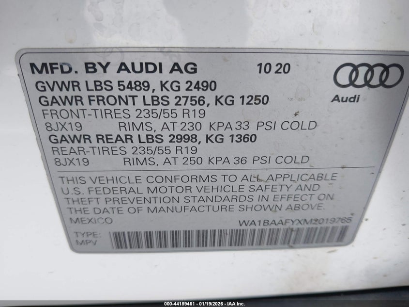 VIN WA1BAAFYXM2019765 2021 AUDI Q5 PREMIUM PLUS 45 TFSI QUATTRO S TRONIC