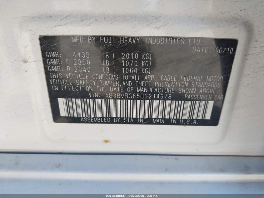 2011 Subaru Legacy 2.5I Premium VIN: 4S3BMBG65B3214678 Lot: 44189487