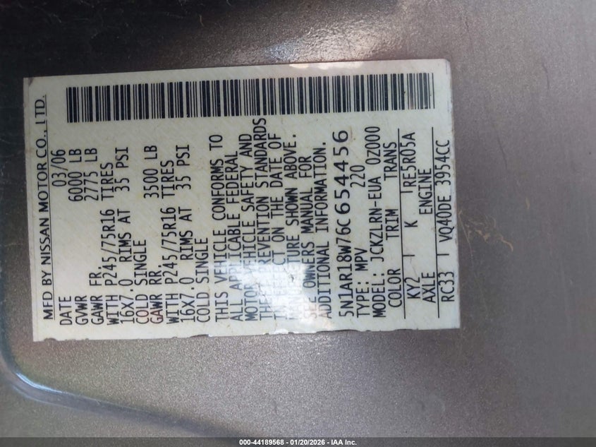 2006 Nissan Pathfinder S VIN: 5N1AR18W76C654456 Lot: 44189568