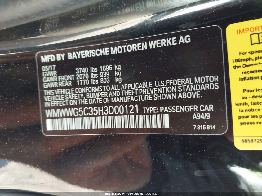 2017 Mini Convertible Cooper VIN: WMWWG5C35H3D00121 Lot: 44189721