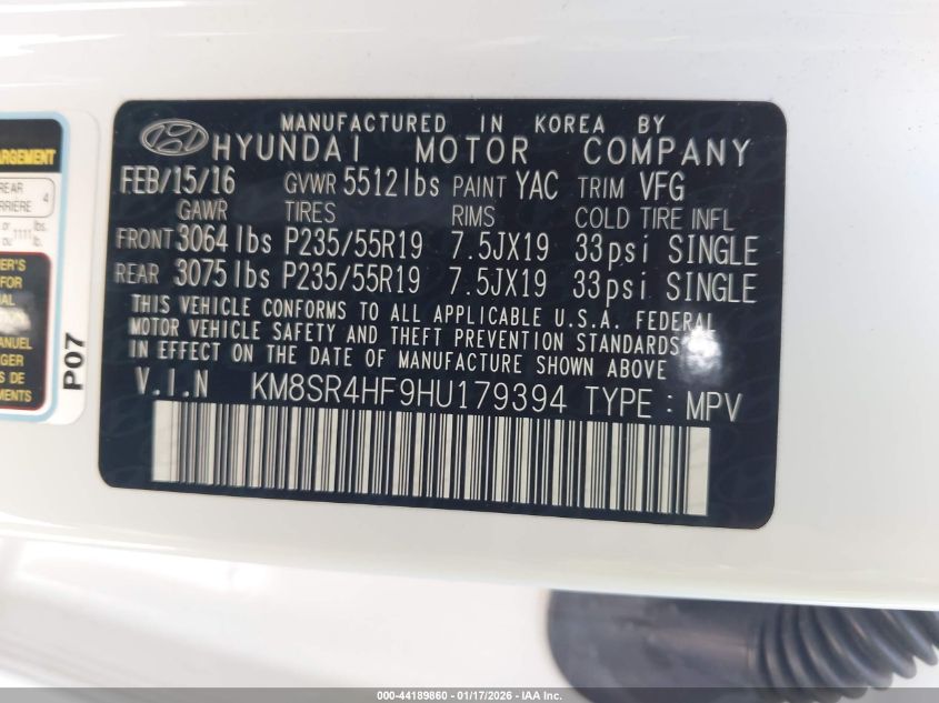 2017 Hyundai Santa Fe VIN: KM8SR4HF9HU179394 Lot: 44189860