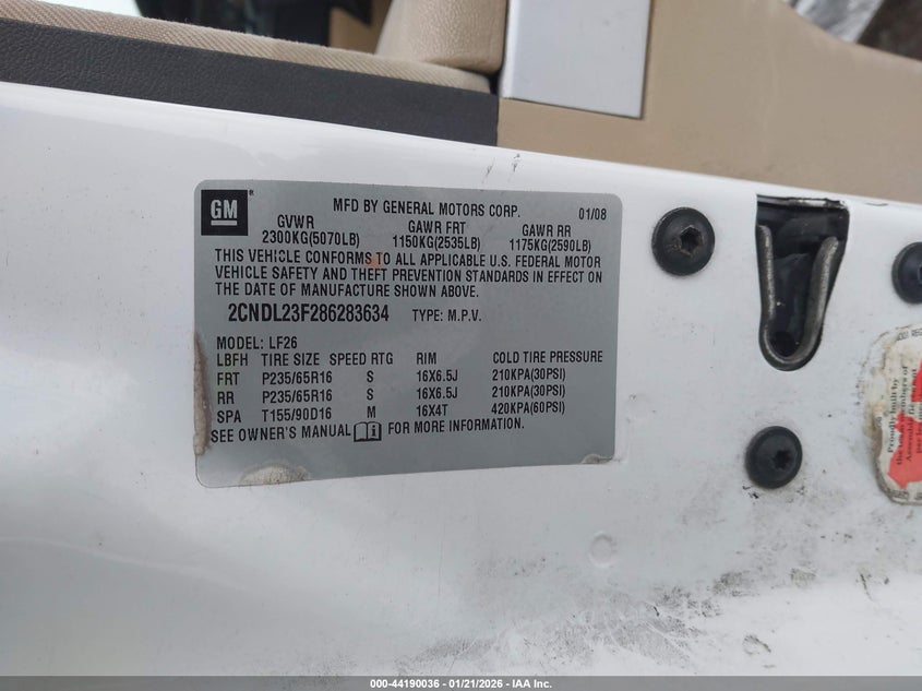 2008 Chevrolet Equinox Ls VIN: 2CNDL23F286283634 Lot: 44190036