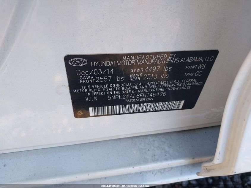 2015 Hyundai Sonata Se VIN: 5NPE24AF8FH146426 Lot: 44190039
