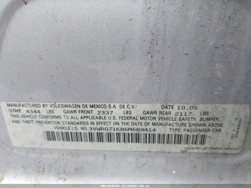 2006 Volkswagen Jetta 2.5 VIN: 3VWRG71K86M689414 Lot: 44190148