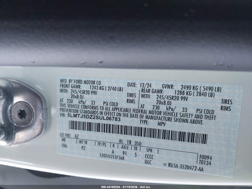 2025 Lincoln Corsair Grand Touring VIN: 5LMTJ5DZ2SUL06783 Lot: 44190284