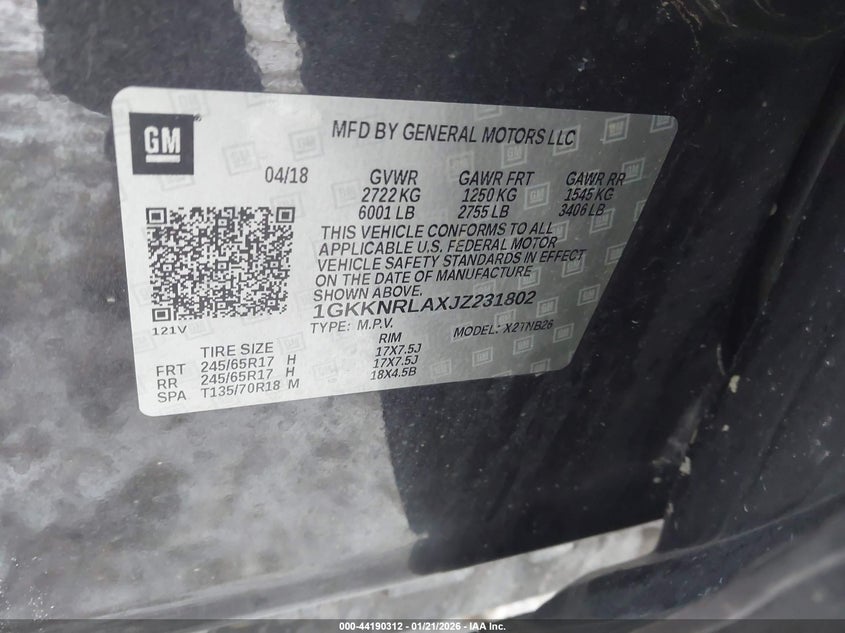 VIN 1GKKNRLAXJZ231802 2018 GMC ACADIA SLE