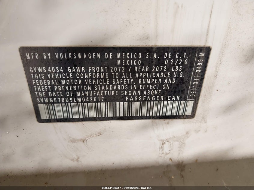 VIN 3VWN57BU9LM042617 2020 VOLKSWAGEN JETTA 1.4T R-LINE/1.4T S/S