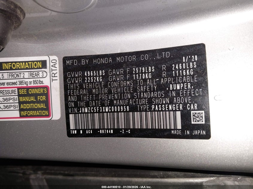 2021 Honda Clarity Plug-In Hybrid Touring VIN: JHMZC5F3XMC000958 Lot: 44190510