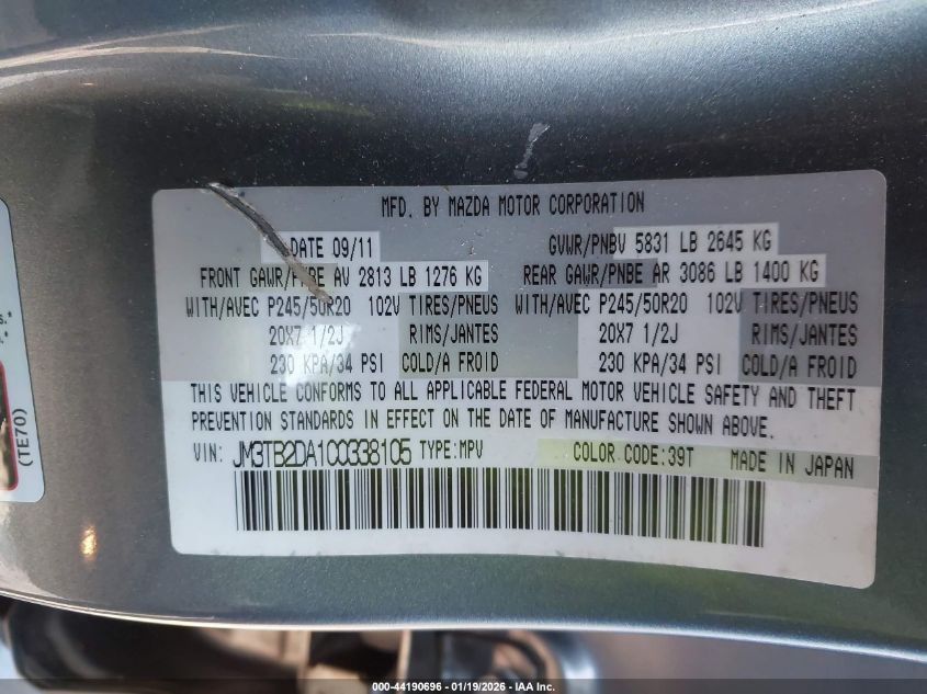 2012 Mazda Cx-9 Grand Touring VIN: JM3TB2DA1C0338105 Lot: 44190696