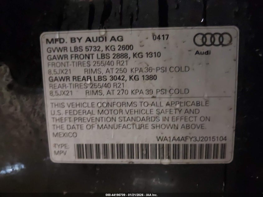 2018 Audi Sq5 3.0T Premium Plus VIN: WA1A4AFY3J2015104 Lot: 44190709