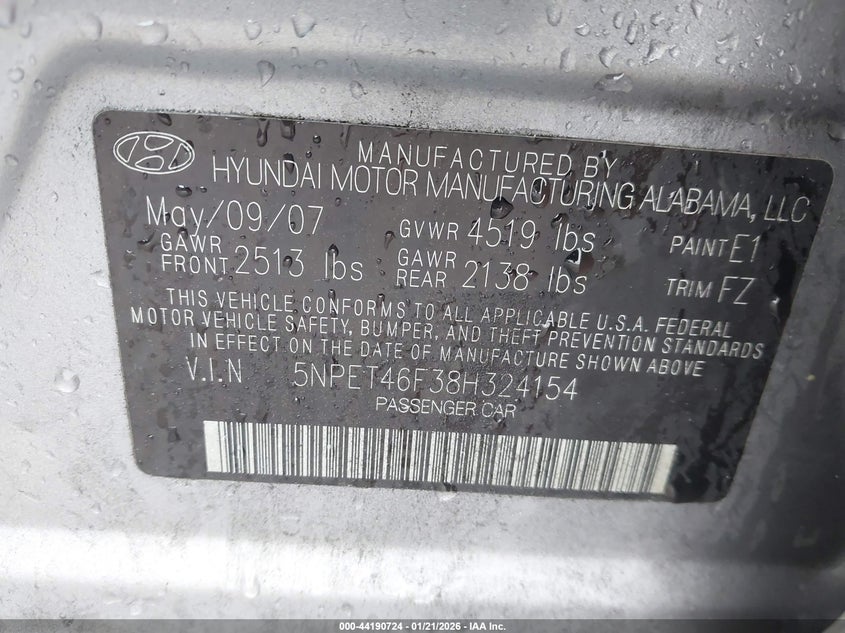 2008 Hyundai Sonata Gls V6 VIN: 5NPET46F38H324154 Lot: 44190724