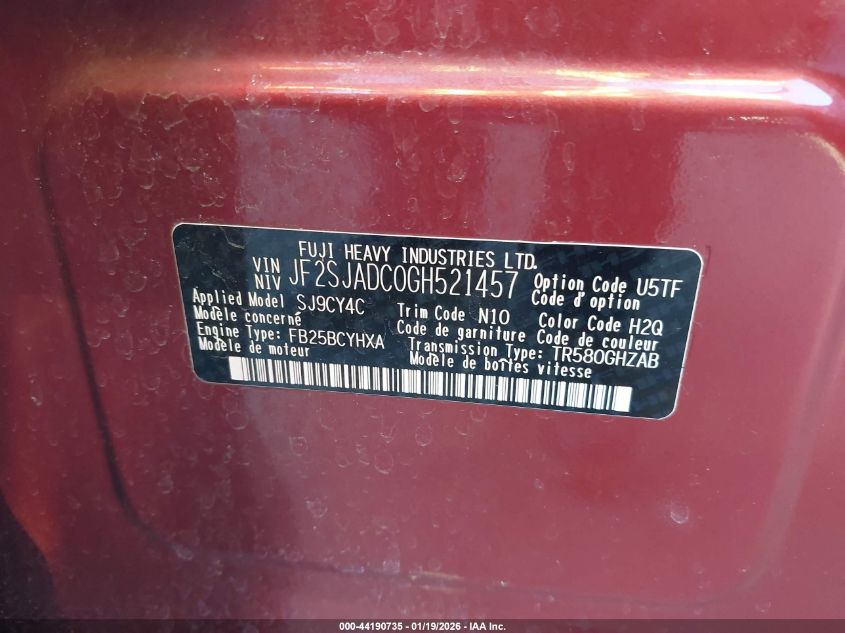 2016 Subaru Forester 2.5I Premium VIN: JF2SJADC0GH521457 Lot: 44190735