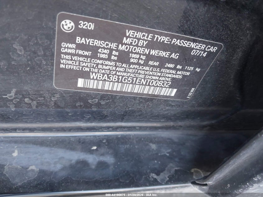 2014 BMW 320I VIN: WBA3B1G51ENT00832 Lot: 44190875