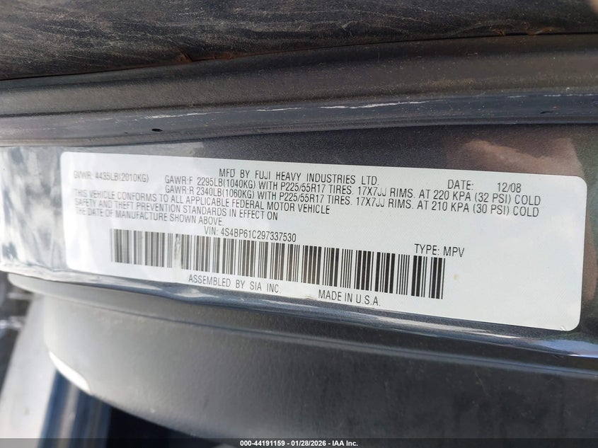 2009 Subaru Outback 2.5I VIN: 4S4BP61C297337530 Lot: 44191159