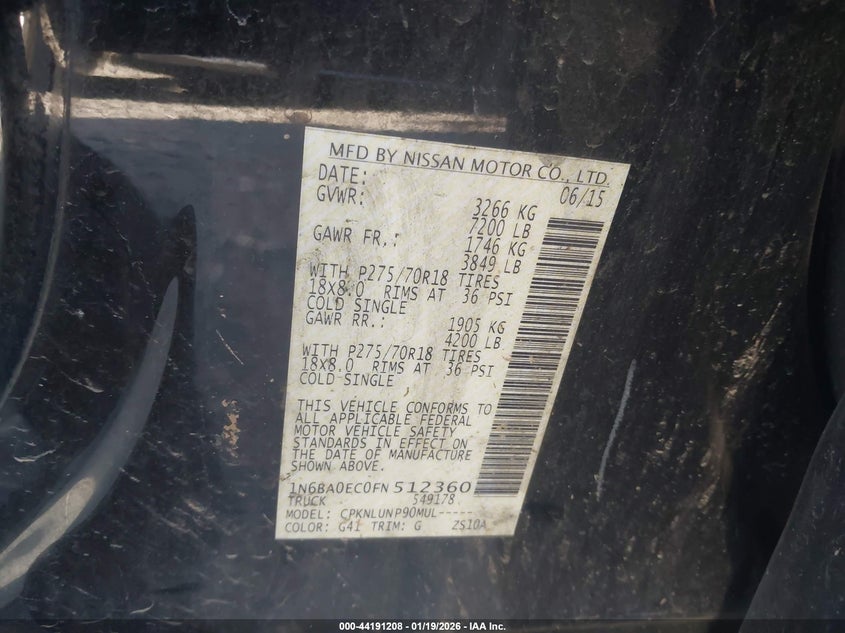 2015 Nissan Titan Pro-4X/S/Sl/Sv VIN: 1N6BA0EC0FN512360 Lot: 44191208