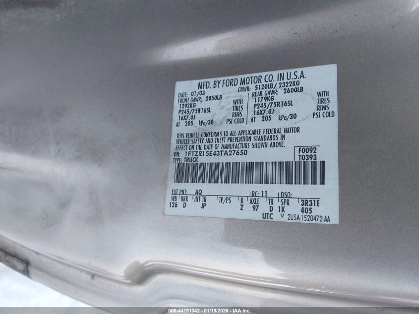 2003 Ford Ranger Xlt VIN: 1FTZR15E43TA27650 Lot: 44191342