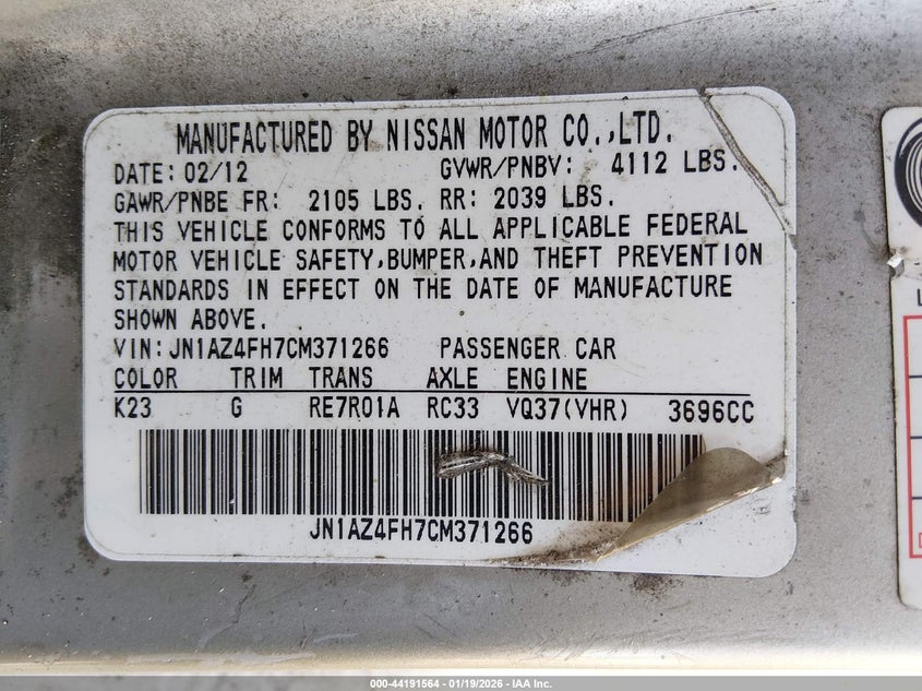 2012 Nissan 370Z Touring VIN: JN1AZ4FH7CM371266 Lot: 44191564