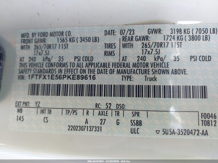 2023 FORD F-150 5.0L V-8 DI, DOHC, V(VIN: 1FTFX1E56PKE89616