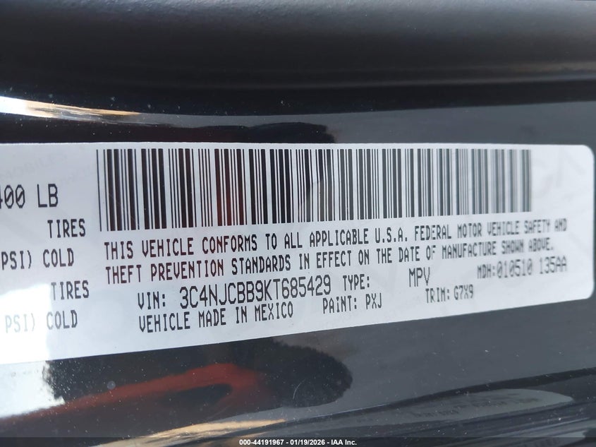 VIN 3C4NJCBB9KT685429 2019 JEEP COMPASS LATITUDE FWD