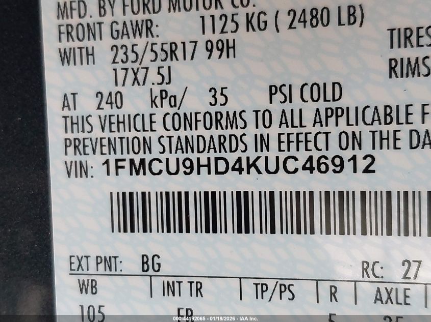 2019 Ford Escape Sel VIN: 1FMCU9HD4KUC46912 Lot: 44192065