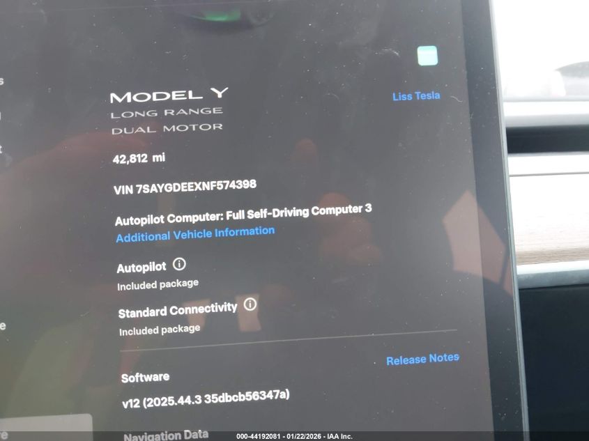 2022 Tesla Model Y Long Range Dual Motor All-Wheel Drive VIN: 7SAYGDEEXNF574398 Lot: 44192081