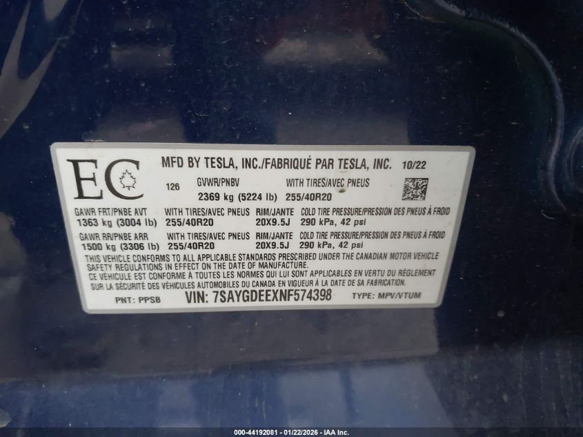 2022 Tesla Model Y Long Range Dual Motor All-Wheel Drive VIN: 7SAYGDEEXNF574398 Lot: 44192081
