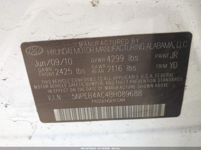 2011 Hyundai Sonata Gls VIN: 5NPEB4AC4BH089688 Lot: 44192344