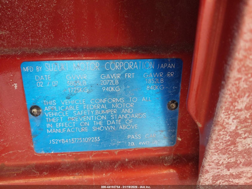 2007 Suzuki Sx4 Convenience/Rally VIN: JS2YB413775109233 Lot: 44192754