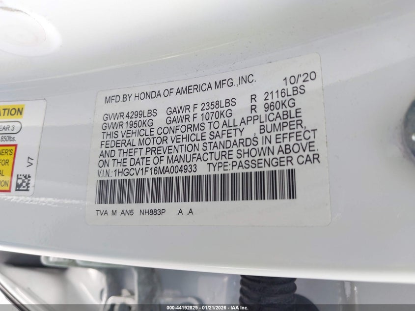 VIN 1HGCV1F16MA004933 2021 HONDA ACCORD LX