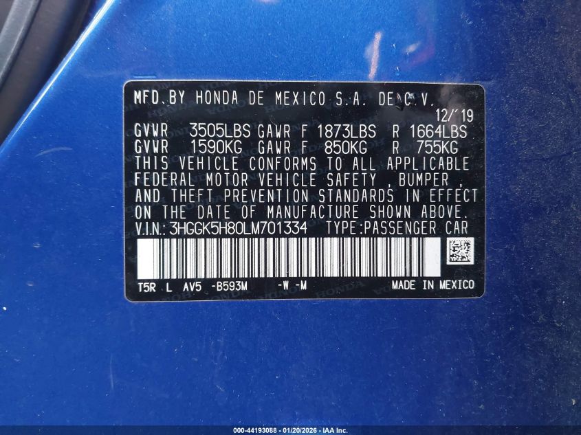 2020 Honda Fit Ex VIN: 3HGGK5H80LM701334 Lot: 44193088
