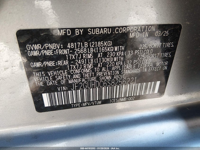 2025 Subaru Crosstrek Premium VIN: JF2GUHDC6S8256221 Lot: 44193203