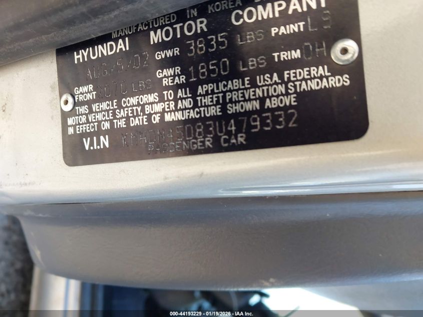 2003 Hyundai Elantra Gls/Gt VIN: KMHDN45D83U479332 Lot: 44193229