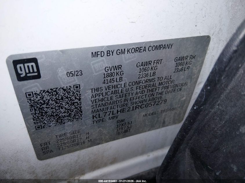 2024 Chevrolet Trax Fwd Lt VIN: KL77LHE21RC057279 Lot: 44193463