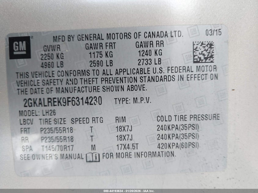 2015 GMC Terrain Sle-2 VIN: 2GKALREK9F6314230 Lot: 44193634