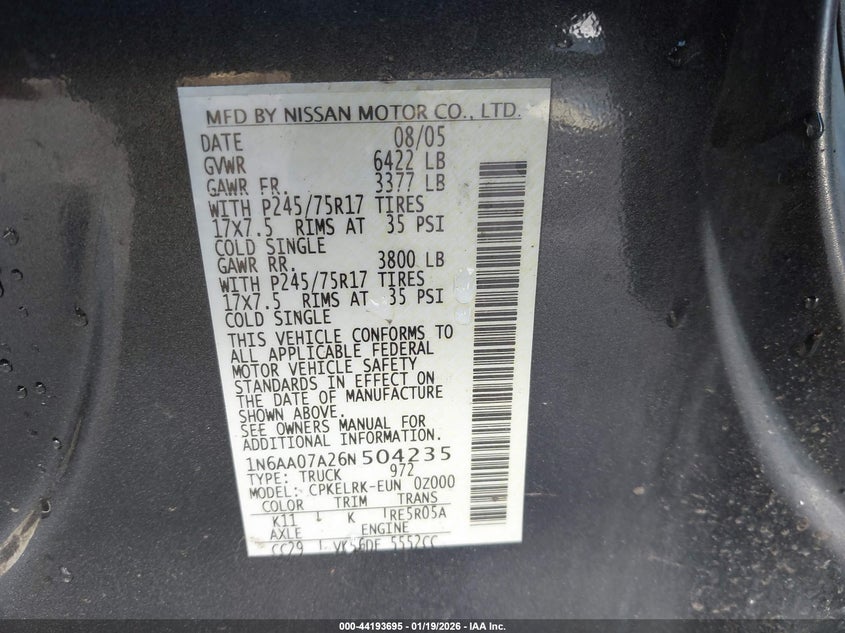 2006 Nissan Titan Xe VIN: 1N6AA07A26N504235 Lot: 44193695
