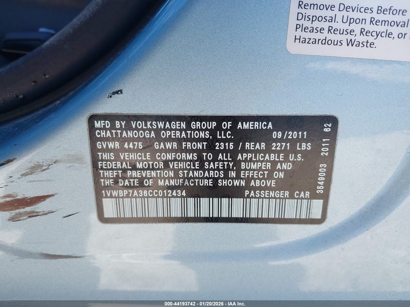 2012 Volkswagen Passat 2.5L Se VIN: 1VWBP7A36CC012434 Lot: 44193742