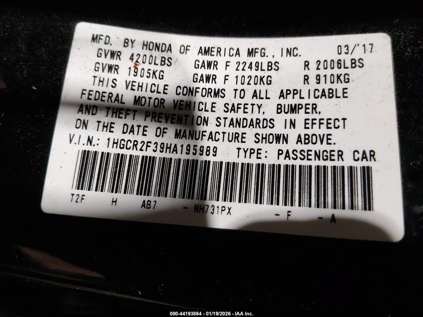 2017 Honda Accord Lx VIN: 1HGCR2F39HA195989 Lot: 44193864