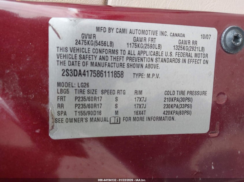 2008 Suzuki Xl7 Luxury VIN: 2S3DA417586111858 Lot: 44194132