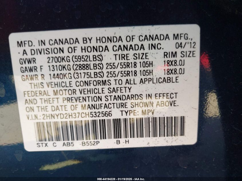 2012 Acura Mdx Technology Package VIN: 2HNYD2H37CH532566 Lot: 44194228
