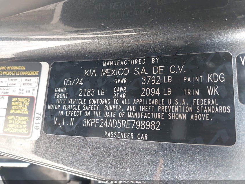 VIN 3KPF24AD5RE798982 2024 KIA FORTE LXS