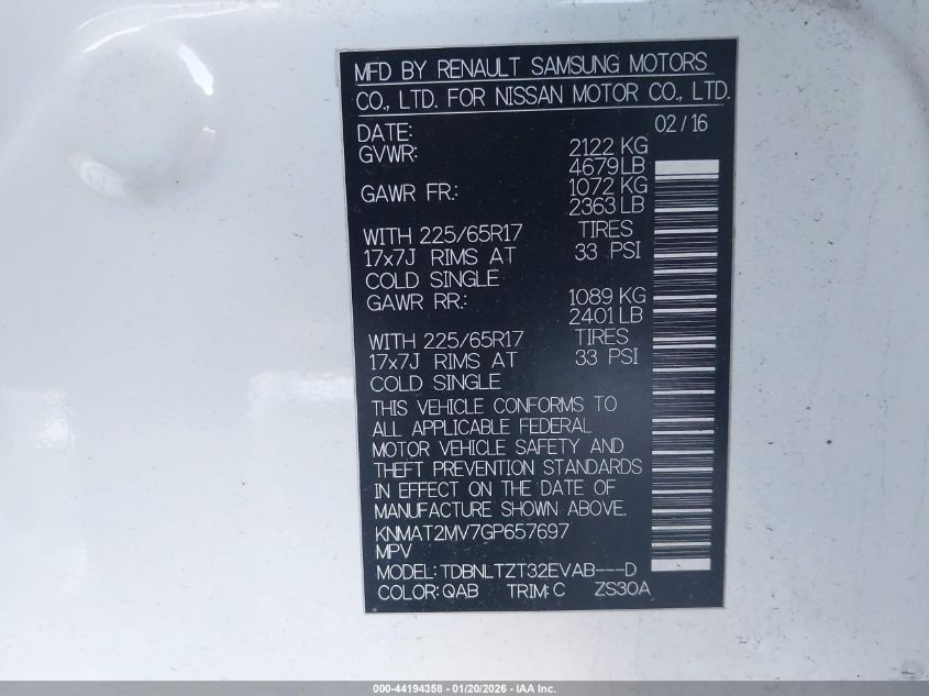 2016 Nissan Rogue Sv VIN: KNMAT2MV7GP657697 Lot: 44194358