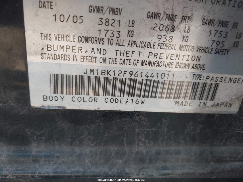 2006 Mazda Mazda3 I VIN: JM1BK12F961441011 Lot: 44194637