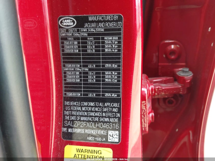 2020 Land Rover Range Rover Evoque Se VIN: SALZP2FX0LH046316 Lot: 44194909