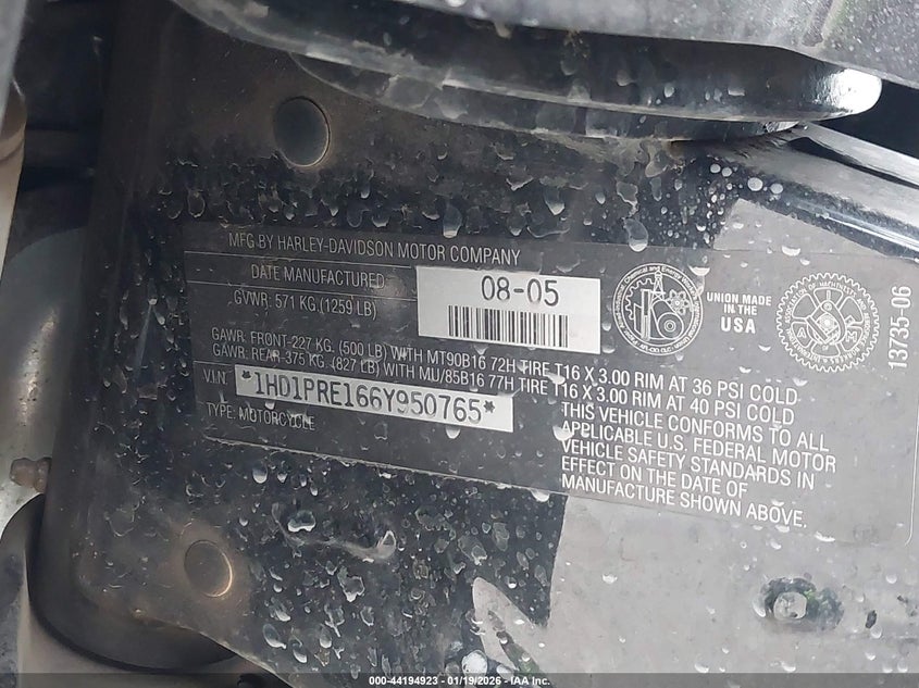 2006 Harley-Davidson Flhtcuse VIN: 1HD1PRE166Y950765 Lot: 44194923